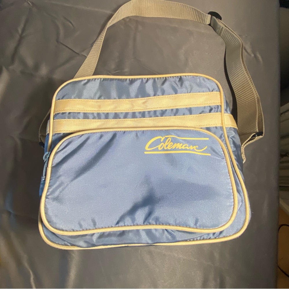 Coleman soft side, adjustable strap, cooler, blue and tan